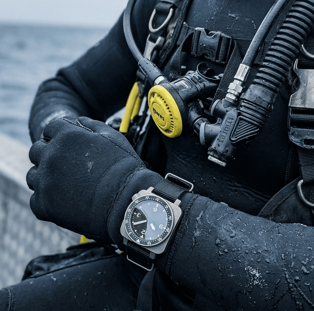 HONNR A-9 worn with diving equipment beside the water.