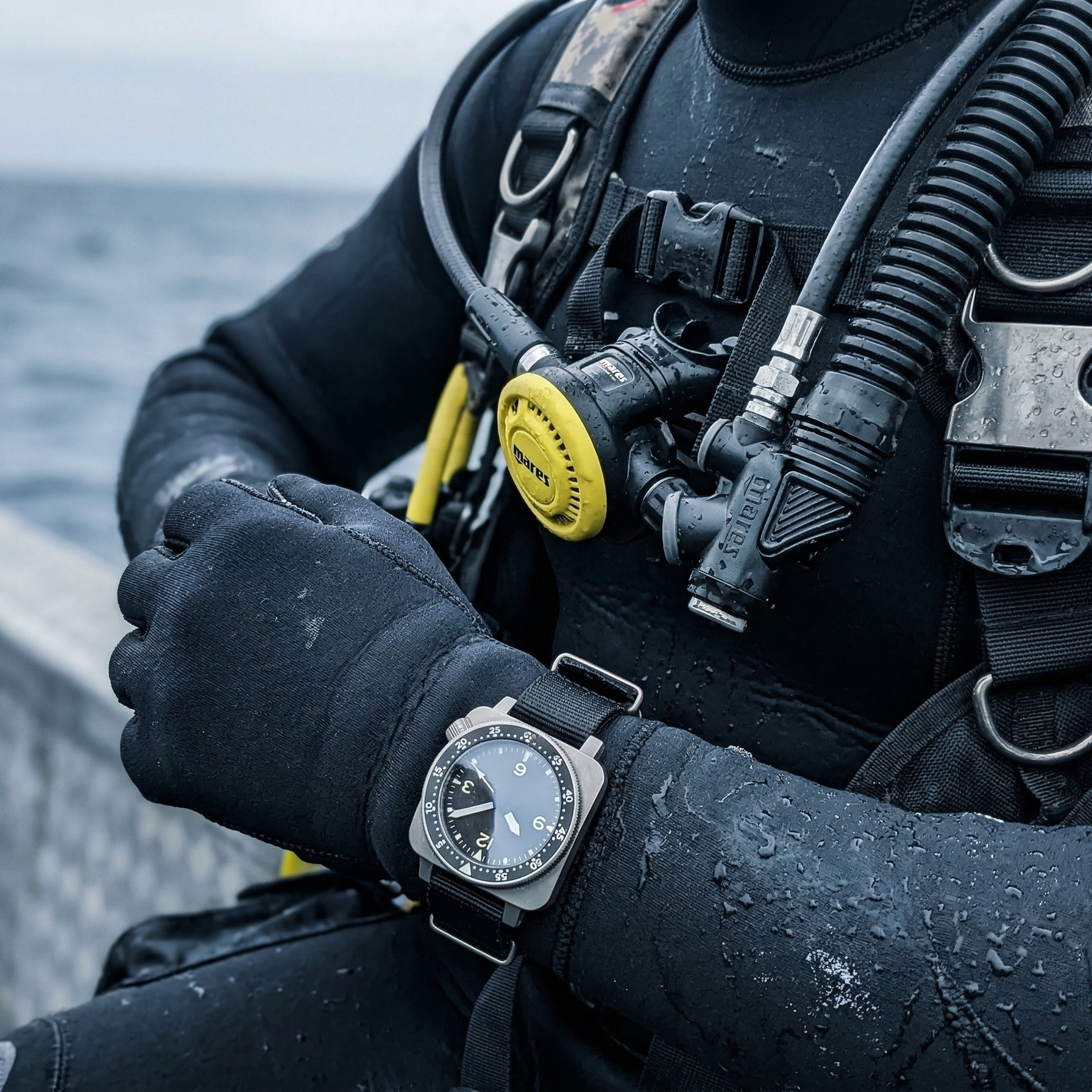 Diver in full gear with HONNR A-9 on the wrist, standing on a dock with water in the background.