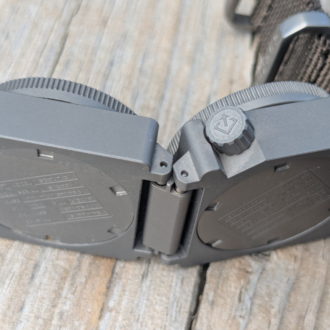 Underside view of two SCOUT modules connected by a titanium link.