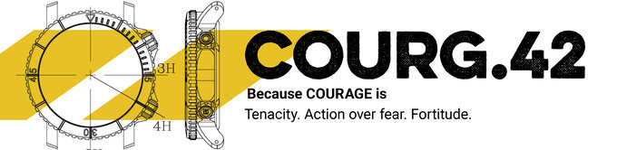Original COURG.42 identity artwork showing technical watch drawings, a yellow diagonal sweep and the words: Because COURAGE is tenacity, action over fear, fortitude.